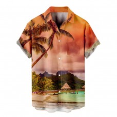 Summer Geometric Water Ripple Element and Coconut Tree Printing Men's Short Sleeve Shirt