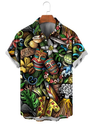 Men's Cartoon Doodle Hawaiian Print Short Sleeve Shirt