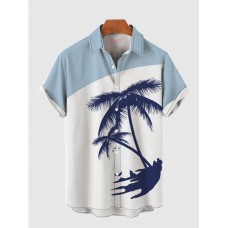 Blue & White Stitching Seaside Coconut Tree Printing Men's Short Sleeve Shirt