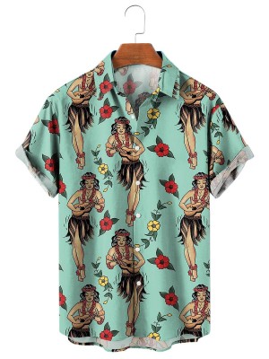 Jerry's Traditional Aloha Hula Girls Hawaiian Pattern Short Sleeve Shirt