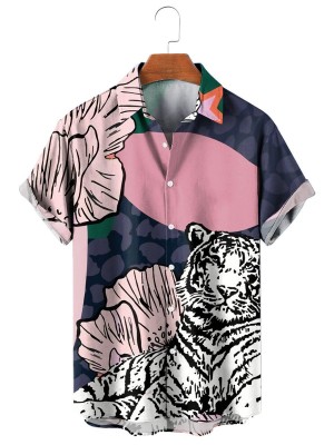 Men's Animal Printed Lapel Short Sleeve Shirt 51083687M