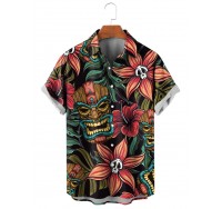 Men's Hawaiian Tikki Mask Skull Flower Short Sleeve Shirt