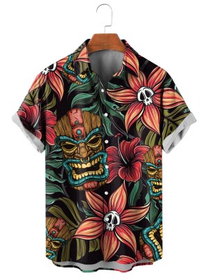 Men's Hawaiian Tikki Mask Skull Flower Short Sleeve Shirt